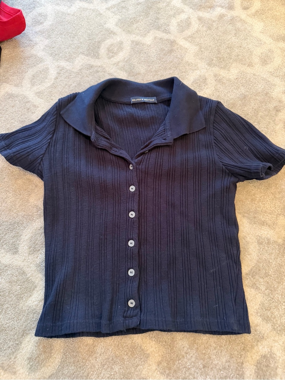 Brandy Melville Black Ribbed Short Sleeve Button-Up Top